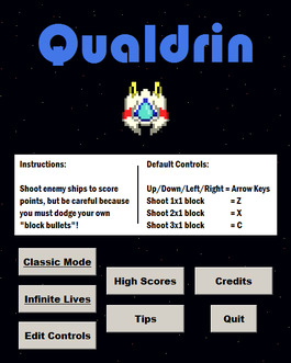 Screenshot of the main menu of Qualdrin version 2.3. It shows a new button to access Infinite Lives Mode.