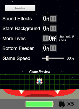 The Options screen of Qualdrin. It has various options including the ability to adjust the game speed to make the game slower.