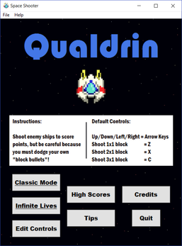 The title screen of the original Qualdrin. You can see several accessibility features right away such as buttons for Infinite Lives Mode and Edit Controls.
