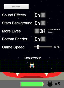 Screenshot of the updated Options screen. It now features a slider to adjust the game speed and toggle buttons for various settings.
