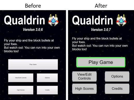 A comparison picture between the old Qualdrin menu and the new menu. The new menu has much larger text for its buttons and shows which one is selected with a bright green border.