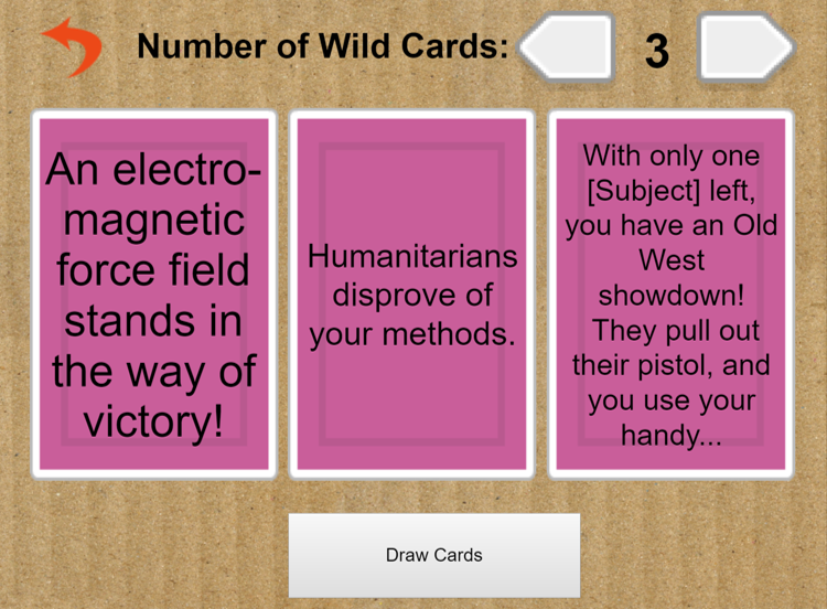 A screenshot of the digital Cardbored Box game on the Wild Cards screen.